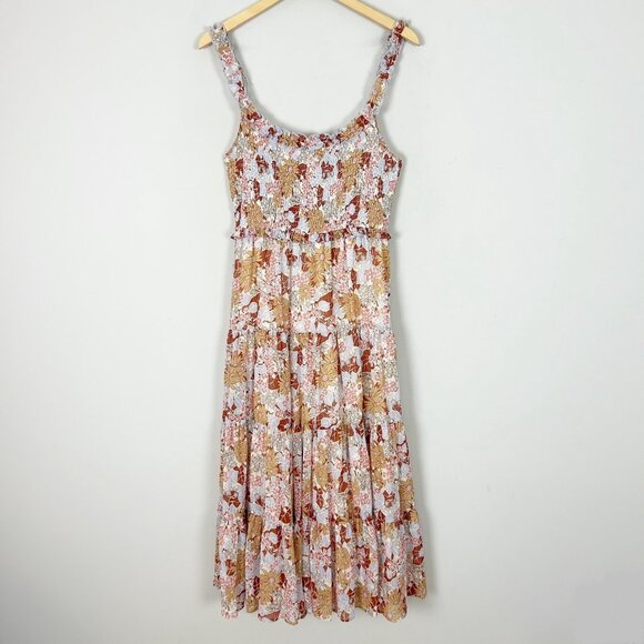 ASTR Floral Smocked Tiered Midi Dress Fall Boho Whimsical Size Medium Women's - Picture 1 of 5
